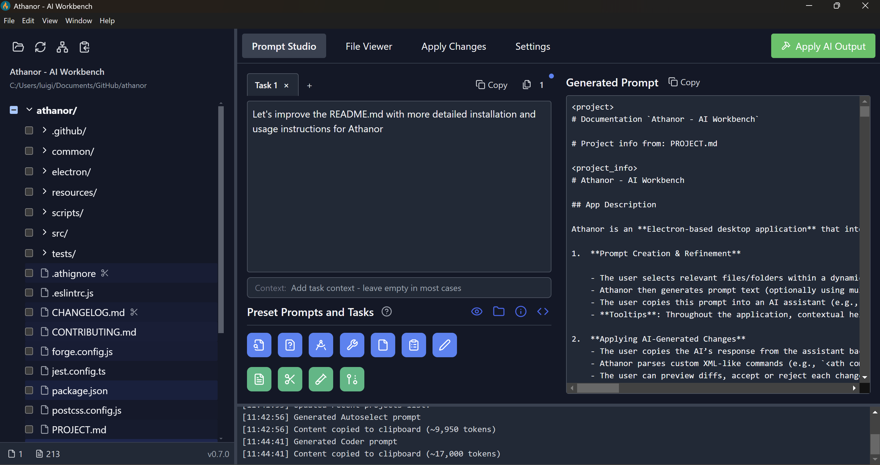 Athanor Interface: File explorer and prompt generation
