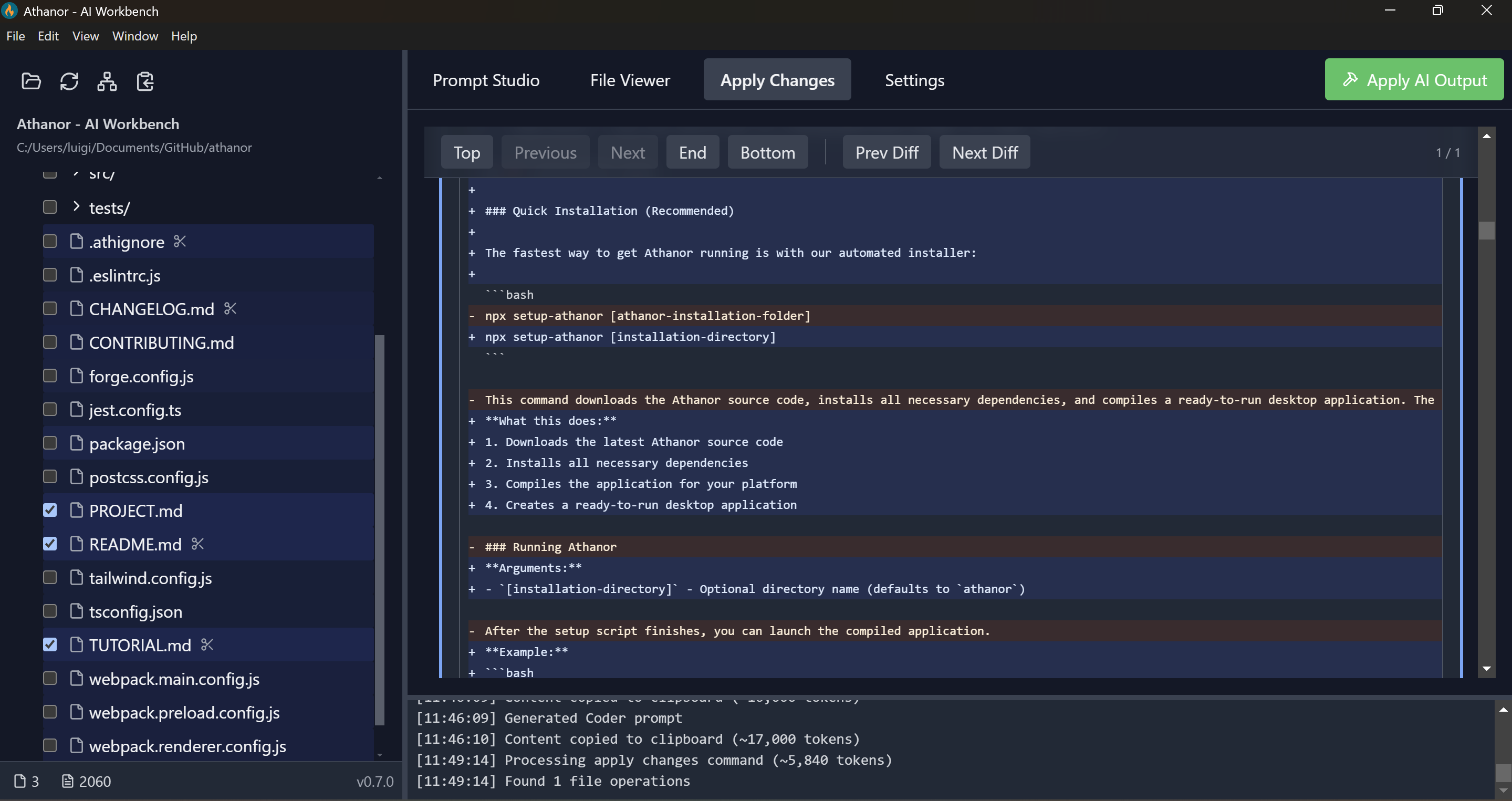 Athanor Apply Changes: Review and accept/reject diffs generated using any AI chat assistant